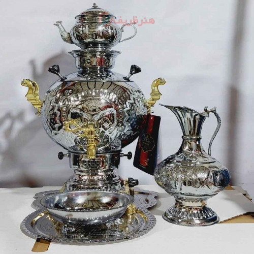خرید آنلاین، ست سماور 6 لیتری گازی مدل گوی براق، ساخته شده با ورق ضخیم، قلم زنی ظریف دست، زیر قیمت بازار | چترزندگی