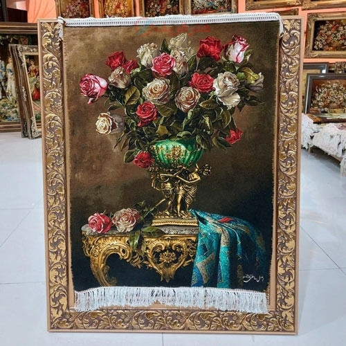خرید آنلاین، تابلو فرش تبریز کار دست هنرمندان ایرانی با طرح گل طولی، چله ابریشم، رنگ طبیعی، زیر قیمت بازار | چترزندگی