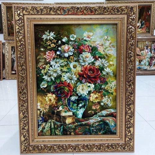 خرید آنلاین، تابلو فرش تبریز بافته شده با دست، طرح گل طولی و چله ابریشم، رج 50، مارکدار و اصل، زیر قیمت بازار | چترزندگی