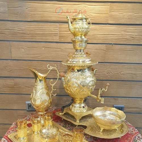 خرید آنلاین، سرویس سماور برقی برنجی 6 لیتری، قلم زنی موج دار نقره، آبکاری طلا، زیر قیمت بازار | چترزندگی