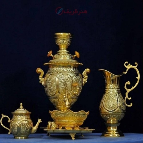 خرید آنلاین، سماور برنجی 4 لیتری قلمزنی تزئینی، طرح اسلیمی هنر استاد رحمتی با روکش کوره ای، منحصر به فرد، زیر قیمت بازار | چترزندگی