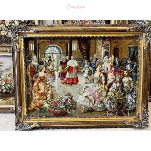 خرید، تابلو فرش دستبافت، تابلو فرش دستباف مهمانی پاپ چله ابریشم پر از ابریشم 50رج،زیر قیمت بازار _ هنرظریف