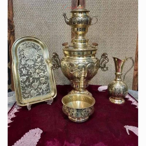 خرید آنلاین، سروس سماور 7 لیتری زغالی برنجی، قلم زنی سیاه باغ پرندگان، کار دست، زیر قیمت بازار | چترزندگی