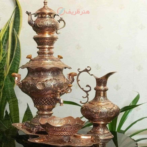 خرید آنلاین، سرویس کامل سماور 6 لیتری زغالی مسی با ورق 1.5 میل، طراحی کاملا جدید، قلم زنی عالی، زیر قیمت بازار | چترزندگی