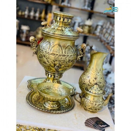 خرید آنلاین، سرویس 5 تکه سماور برنجی گازی 6 لیتری با ورق یک دهم و نقش و نگاری شیک و زیبا، کیفیت اعلاء، زیر قیمت بازار | چترزندگی