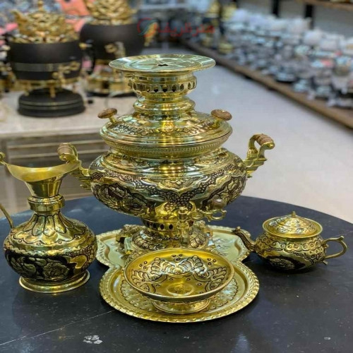 خرید آنلاین، سرویس 5 تکه سماور 8 لیتری زغالی و گازی برنجی، قلم زنی بی نظیر با کیفیت بالا، رنگ ثابت، زیر قیمت بازار | چترزندگی