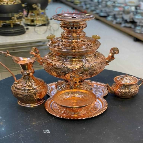 خرید آنلاین، سرویس سماور 8 لیتری زغالی و گازی برنجی، قلم زنی با ظرافت، ثبات رنگ و کیفیت اعلاء، با قمیت مناسب | چترزندگی