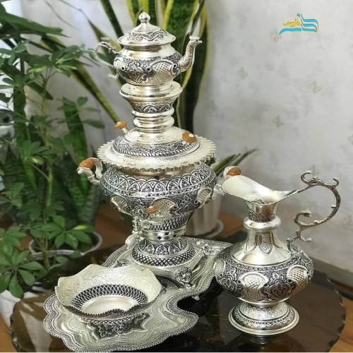 خرید آنلاین، سرویس5 لیتری سماور زغالی برنجی با آبکاری نقره، ثبات رنگ همراه با روکش کوره ای، زیر قیمت بازار | چترزندگی