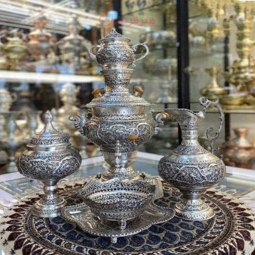 خرید آنلاین، سرویس سماور 3.5 لیتری برنجی، قلمزنی گل و مرغ با آبکاری نقره و سیاه قلمی بسیار خاص و زیبا، زیر قیمت بازار | چترزندگی