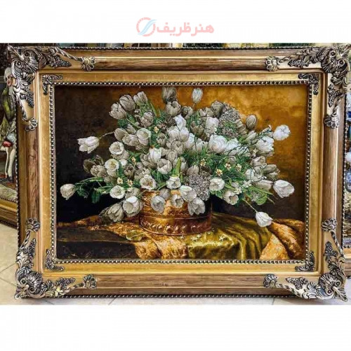خرید تابلو فرش دستبافت، تابلو فرش دستبافت، گل و گلدان چله ابریشم پر از ابریشم 50 رج، زیر قیمت بازار _ هنرظریف