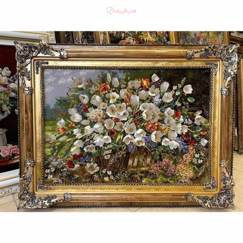 تابلو فرش دستبافت سبد گل لاله با رنگهای طبیعی، چله ابریشم پر از ابریشم 50 رج، زیر قیمت بازار _ هنرظریف