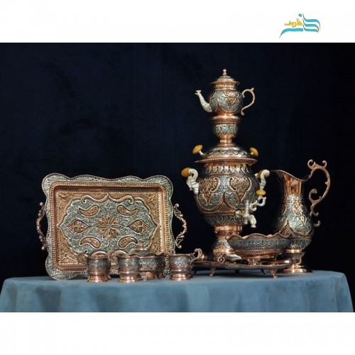 خرید آنلاین، سرویس سماور و چای خوری قلم زنی با کیفیت طرح اسلیمی با روکش نقره و مس بدون تغییر رنگ، زیر قیمت بازار | چترزندگی