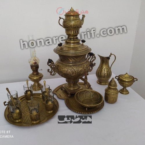 خرید آنلاین، سرویس کامل سماور 3.5 لیتری برنجی زغالی آنتیک با قلم زنی بسیار عالی کیفیت درجه یک، زیر قیمت بازار | چترزندگی