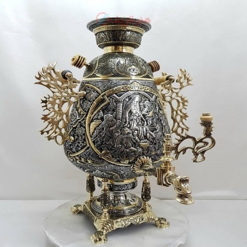 خرید آنلاین، سماور 8 لیتری زغالی برنجی مدل خمره ای با سیاه قلم اعلاء، نقش شکارگاه و بزم، بسیار با کیفیت، زیر قیمت بازار | چترزندگی