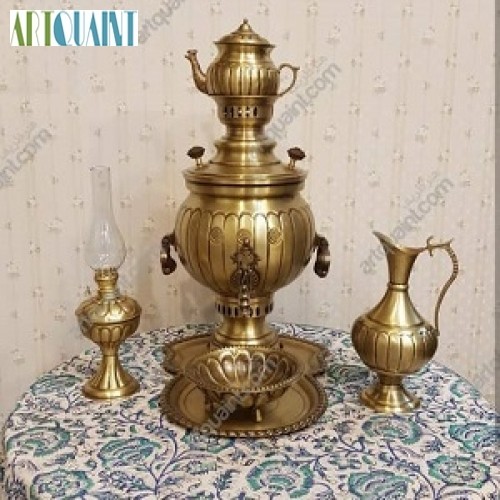 خرید آنلاین، سرویس سماور برنج شش لیتری دسته گوشواره، بدون تغییر رنگ، همراه با روکش کوره ای، زیرقیمت بازار | چترزندگی