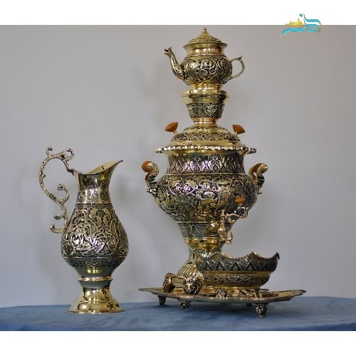 خرید آنلاین، سرویس سماور قلم زنی 5 لیتری درجه یک  با روکش سیاه قلم و کوره ای، با ماندگاری رنگ، زیر قیمت بازار | چترزندگی