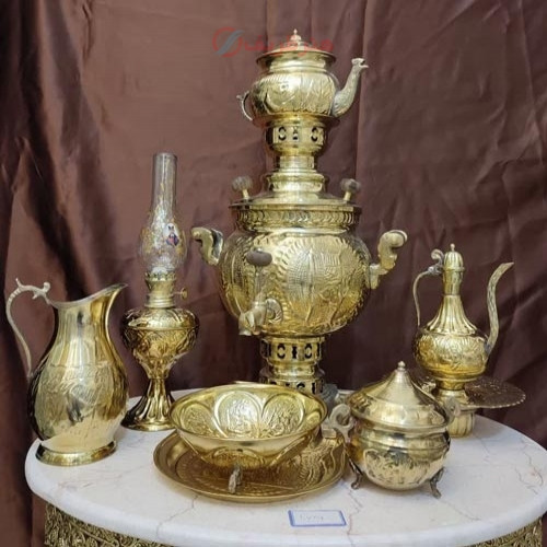خرید آنلاین، ست 9 پارچه سماور 3 لیتری زغالی برنجی هخامنشی، ریز قلم، کیفیت اعلاء، زیر قیمت بازار | چترزندگی