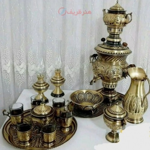 خرید آنلاین، سرویس سماور 4 لیتری برنجی  همراه با چایخوری با نقش شیر و خورشید، 16 پارچه، زیر قیمت بازار | چترزندگی