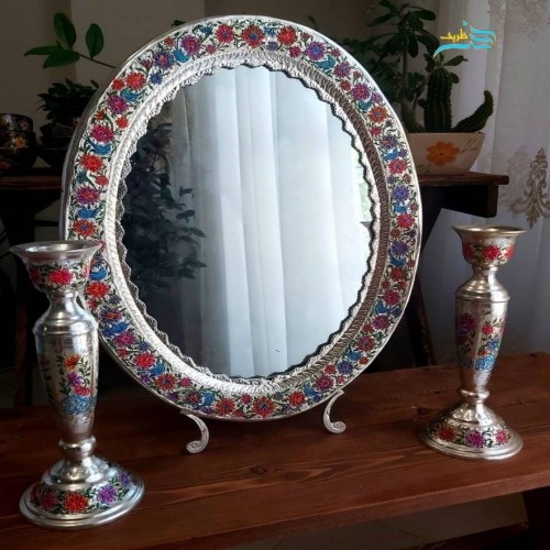 خرید آنلاین، آینه شمعدان قلمزنی برنجی با روکش نقره نقاشی دست، بسیار خاص و زیبا، با قیمت مناسب | چترزندگی