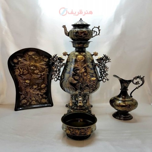 خرید آنلاین، سرویس 4 تکه سماور 8 لیتری برنجی زغالی مدل جام، قلم زنی بسیار خاص و متفاوت، آبکاری تیره و خاکستری، زیر قیمت بازار | چترزندگی