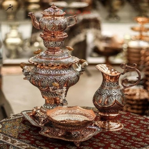 خرید آنلاین، سرویس سماور3 لیتری مسی، با آبکاری مس و نقره بدون تغییر رنگ و قلمزنی ظریف و خاص، زیر قیمت بازار | چترزندگی