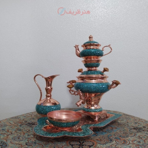 خرید آنلاین، سرویس شیک سماور دست ساز مسی، فیروزه کوبی شده دارای شناسنامه اصلالت کالا و 5 سال گارانتی، قیمت مناسب | چترزندگی