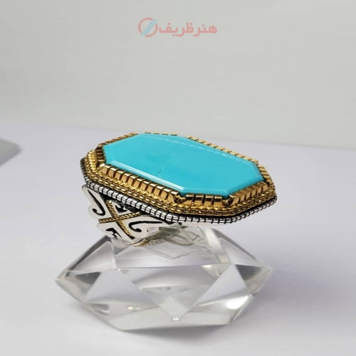 خرید آنلاین، انگشتر مردانه فیروزه نیشابوری عجمی با چنگ تمام طلا، رکاب طلا و نقره، اثر دست هنرمند استاد دانیال، زیر قیمت بازار | چترزندگی