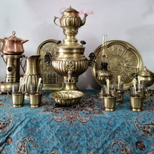 خرید، قیمت و مشخصات سرویس سماور زغالی ۲1 پارچه برنجی ظرفیت 3/5 لیتر + قابلمه مسی زیر قیمت بازار، کیفیت عالی _ هنرطزیف