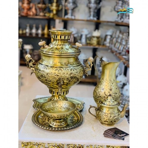 خرید آنلاین، سرویس سماور گازی برنجی 6 لیتری ورق ضخیم یک دهم، طرحی خاص و بی نظیر، با کیفت بالا، با قیمتی مناسب