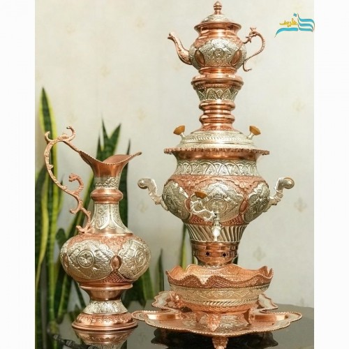 خرید آنلاین، سماور برنجی 6 لیتری آبکاری دو رنگ مسی و نقره سنگین وزن با ثبات رنگ، با روکش کوره ای، پرنقش و نگار، با قیمت مناسب | چترزندگی