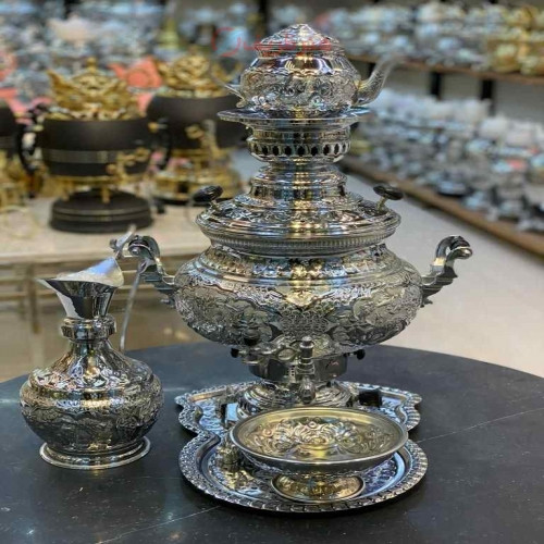 خرید آنلاین، سرویس کامل سماور 8 لیتری زغالی و گازی برنجی، قلم زنی پر کار، بدون تغییر رنگ، دوام بالا، زیر قیمت بازار | چترزندگی