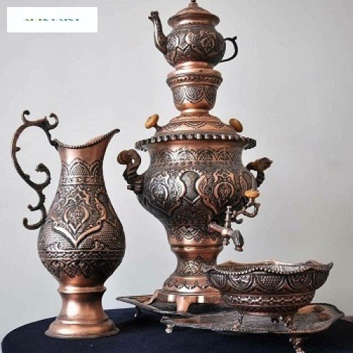 خرید آنلاین، سرویس سماور ریز قلم‌ برنجی 5 لیتری،  با ظرافت قلمزنی، روکش کوره ای و ثبات رنگ، با قیمتی بسیار مناسب | چترزندگی