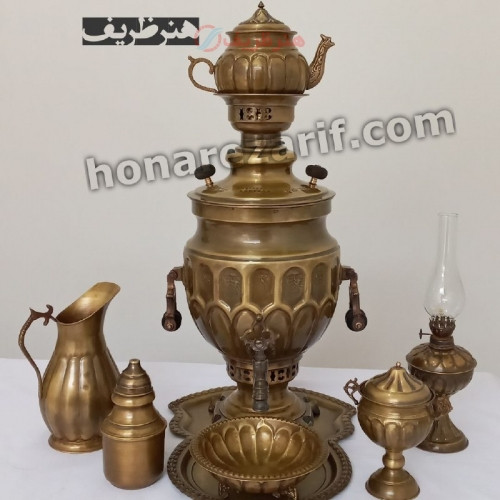 خرید آنلاین، سرویس زیبای سماور 8 لیتری زغالی برنجی با کیفیت عالی در دو رنگ آنتیک و طلایی با قلم زنی اعلاء، زیر قیمت بازار | چترزندگی