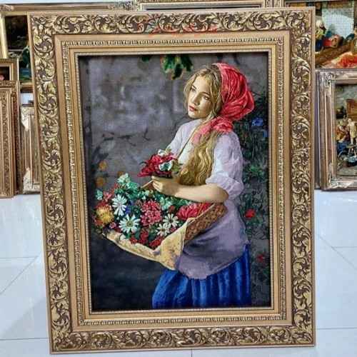خرید آنلاین، تابلو فرش زیبای تبریز بافت شده با هنر دست ایرانی، طرح دختر گل فروش، چله ابریشم، دارای رج 50، زیر قیمت بازار | چترزندگی