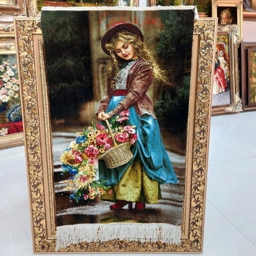 خرید آنلاین، تابلو فرش نفیس و خوش بافت تبریز، کار دست در طرح دختر گل فروش، چله ابریشم، بافت تبریز، زیر قیمت بازار | چترزندگی