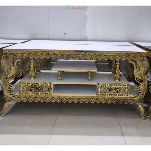 خرید آنلاین، میز تلویزیون کشو از بغل 4 ستونه با 4 طاووس از جنس آلیاژ آلومینیوم، آبکاری برنج با ضمانت، زیر قیمت بازار | چترزندگی