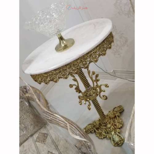 خرید آنلاین، میز تلفن آلیاژ آلومنیوم با پایه سه رخ شاخکی بیضی، آبکاری برنز با صفحه سنگی، قطر 40 همراه گارانتی، قیمت عالی | چترزندگی