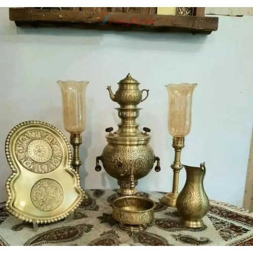 خرید آنلاین، سرویس سماور 6 لیتری برنجی زغالی با قلمزنی زیبای طرح فرش، کیفیت و دوام عالی، زیر قیمت بازار | چترزندگی