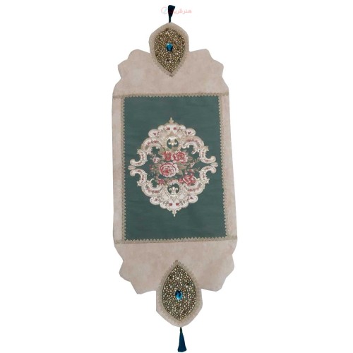 خرید آنلاین، رومیزی مستطیل سنگ دوزی کار شده روی پارچه مخمل  B-9، طرح چشم نظر با سنگ های طلایی خاص و زیبا، زیر قیمت بازار | چترزندگی