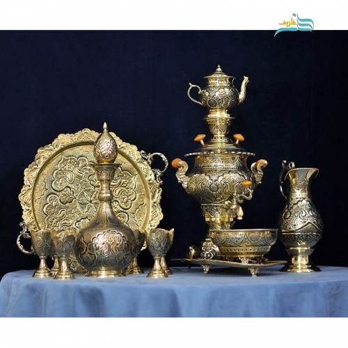 خرید آنلاین، سرویس سماور و شربت خوری 5 لیتری قلمزنی دست همراه با امضاء، بسیار با کیفیت، زیر قیمت بازار