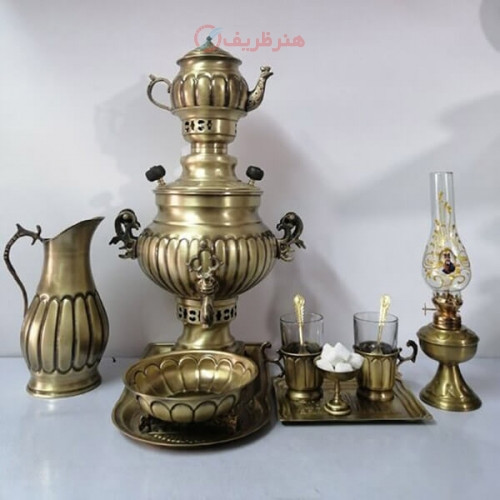 خرید ، قیمت و مشخصات سرویس سماور زغالی برنجی ۱۲ پارچه ظرفیت 3 لیتر زیر قیمت بازار،  کیفیت عالی _ هنرظریف