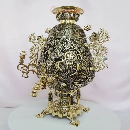 خرید آنلاین، سماور 8 لیتری زغالی برنجی مدل خمره ای با قلم زنی نیم برجسته، نقوش بزم و شکارگاه، بسیار با کیفیت، زیر قیمت بازار | چترزندگی