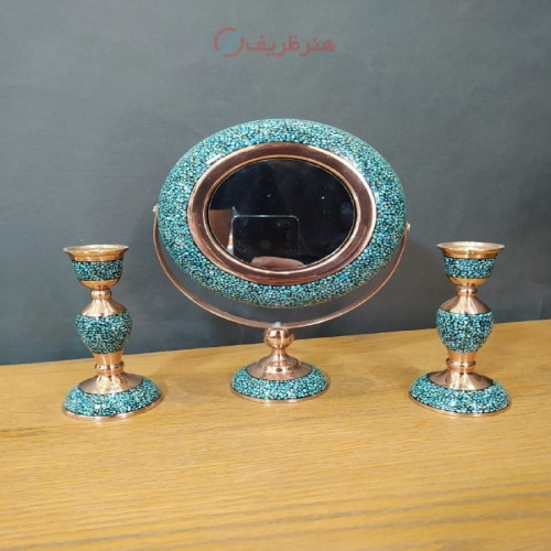 خرید آنلاین، آینه شمعدان مسی دست ساز، فیروزه کوبی شده در طرح گهواره ای، ضمانت نامه 10 ساله، زیر قیمت بازار | چترزندگی