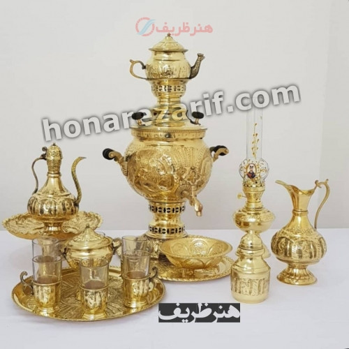 خرید آنلاین، ست کامل و فوق العاده شیک و زیبای سماور 6 لیتری زغالی برنجی مدل توپی با قلم دست، زیر قیمت بازار | چترزندگی