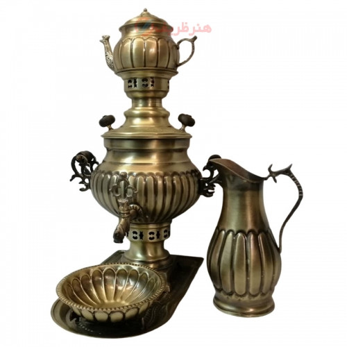 خرید، قیمت و مشخصات سرویس سماور زغالی 5 پارچه برنجی مدل عدسی، ظرفیت 3 لیتر کیفیت عالی _ هنرظریف