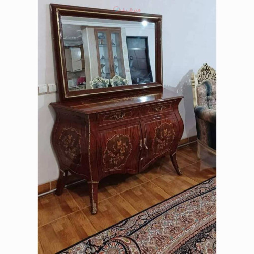 خرید آنلاین،  کنسول خمره ای2 در همراه با آیینه از جنس چوب روس، روکش کاواز، معرقکاری شده، برنز برنج، زیر قیمت بازار | چترزندگی