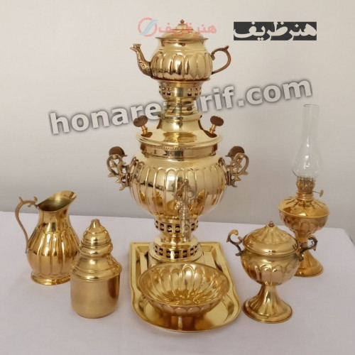 خرید آنلاین، سرویس کامل سماور 3 لیتری زغالی برنجی آینه ای عدسی با قلم زنی طرح خطی، شیک و ساده، کیفیت عالی، زیر قیمت بازار | چترزندگی