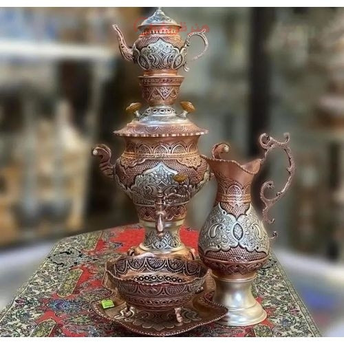 خرید آنلاین، سرویس سماور 3 لیتری زغالی برنجی با قلمزنی فوق العاده دست، آبکاری کوره ای دارای 7 سال گارانتی، زیر قیمت بازار | چترزندگی