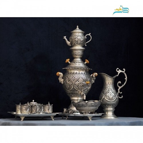خرید آنلاین، سرویس سماور و چای خوری 4 لیتری با  قلم اعلاء، بدون تغییر رنگ،دارای روکش کوره ای، زیر قیمت بازار