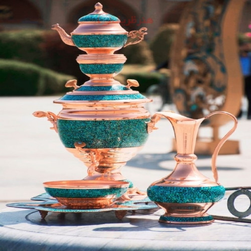 خرید آنلاین، سرویس کامل سماور دست ساز مسی فیروزه کوبی دکوری، ورق ضخیم دارای گارانتی 5 ساله، زیر قیمت بازار | چترزندگی